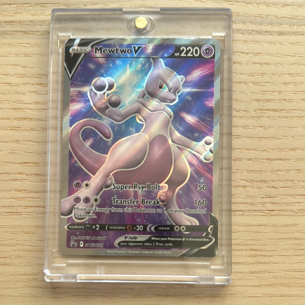 Mewtwo V Holo Pokémon Trading Card - Purple & Silver Artwork